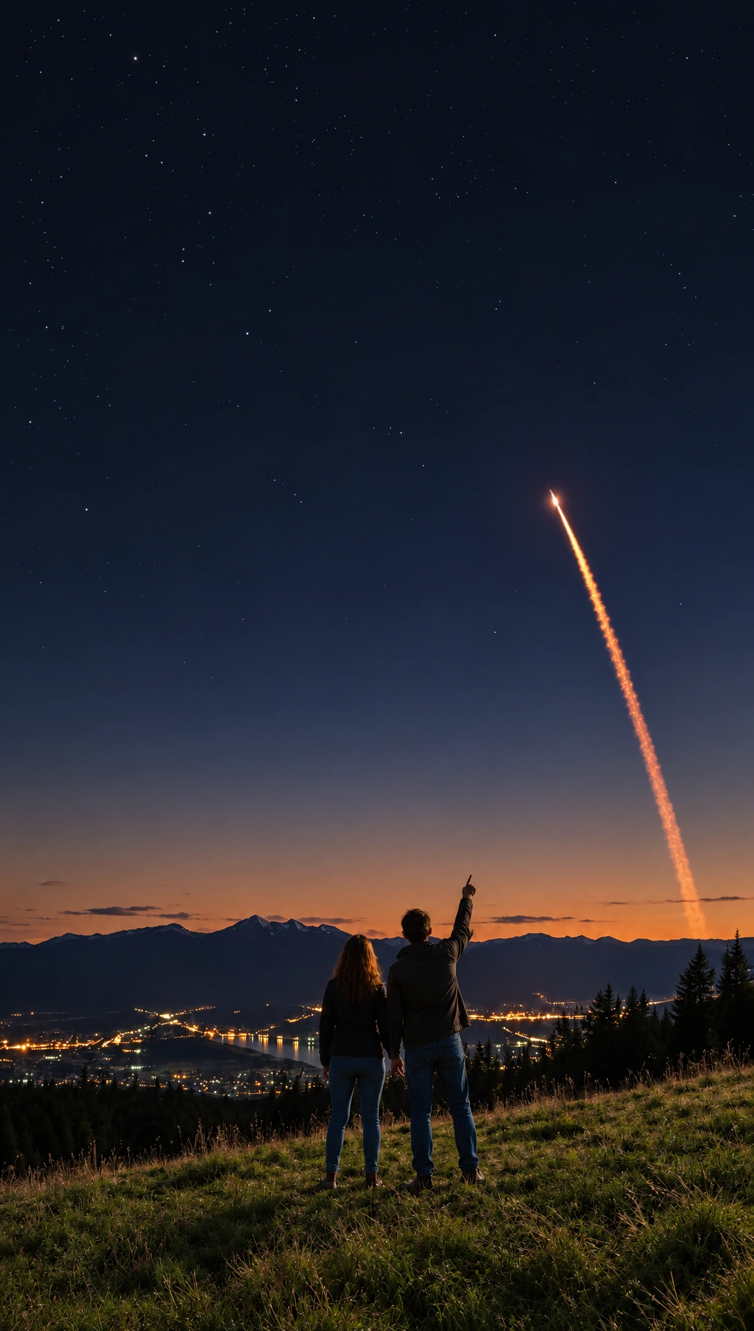 Duas pessoas no alto de uma colina, à noite, olhando um foguete subir no céu estrelado.